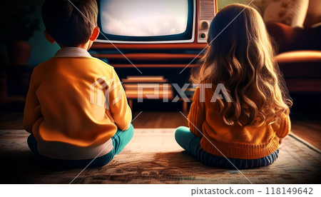 Back View of Two Children Sitting on a Floor Watching Television in Retro Style - Generative Ai 118149642