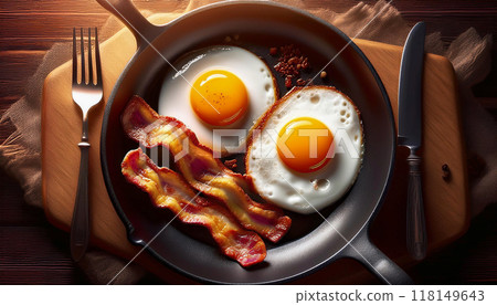 Bacon and Two Fried Eggs in a Black Skillet Top View - Generative Ai 118149643