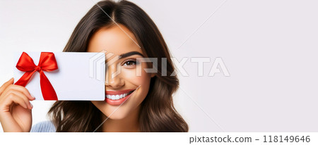 Beautiful Smiling Young Woman Showing a Gift Card while Looking at Camera - Generative Ai Beautiful Smiling Young Woman Showing a Gift Card while Looking at Camera - Generative Ai 118149646