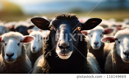 Black Sheep in the Middle of a Flock of White Sheep Looking at Camera - Generative Ai Black Sheep in the Middle of a Flock of White Sheep Looking at Camera - Generative Ai 118149669