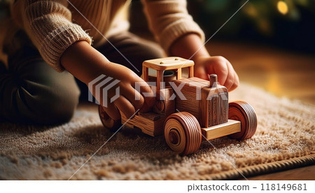 Child Sitting on the Carpet while Playing with a Wooden Toy Tractor - Generative Ai 118149681