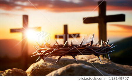 Close-up of a Crown of Thorns and Three Religious Crosses at Sunset - Generative Ai 118149707
