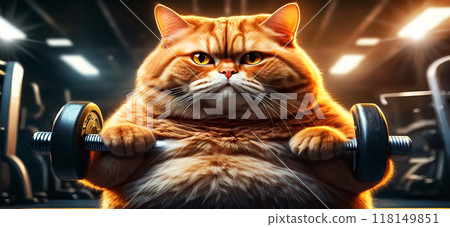 Close-up of an Obese Orange Cat Lifting Weights in Order to Lose Weight - Generative Ai 118149851