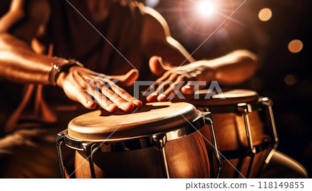 Close-up of Hands of a Percussionist Playing Bongos - Generative Ai 118149855