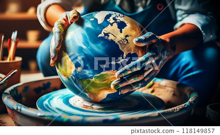 Close-up of Hands of Potter Making a Handmade World Globe - Generative Ai 118149857
