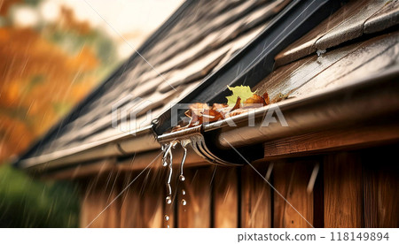 Close-up of Torrential Summer Rain Overflowing From the Roof Gutter - Generative Ai 118149894