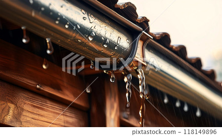 Close-up of Torrential Summer Rain Overflowing From the Roof Gutter - Generative Ai 118149896