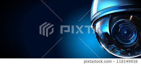 Closeup of a CCTV Modern Security Camera Sphere Shaped on Blue Background - Generative Ai 118149916