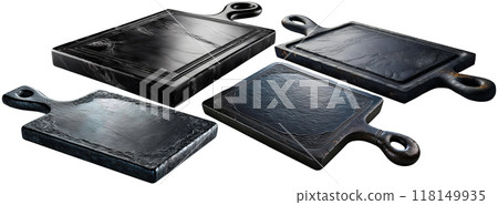 Collection of Empty Black Stone Cutting Boards Isolated on White - Generative Ai 118149935