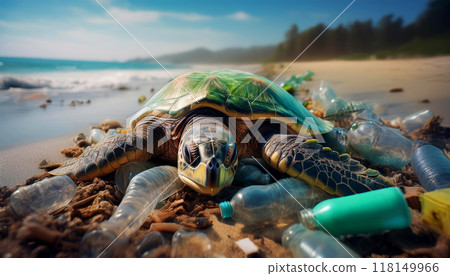 Dead Sea Turtle Surrounded by Many Plastic Bottles on a Sandy Beach - Generative Ai 118149966