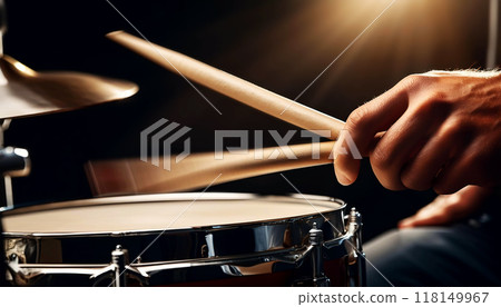 Drummer with Wooden Drumsticks while performing a Roll on a Snare Drum - Generative Ai 118149967