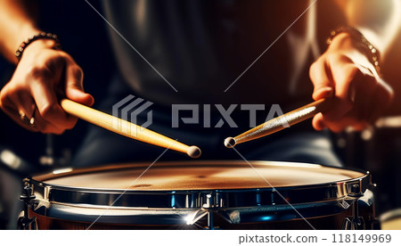 Drummer with Wooden Drumsticks while performing a Roll on a Snare Drum - Generative Ai Drummer with Wooden Drumsticks while performing a Roll on a Snare Drum - Generative Ai 118149969