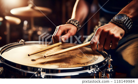 Drummer with Wooden Drumsticks while performing a Roll on a Snare Drum - Generative Ai 118149984