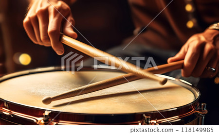 Drummer with Wooden Drumsticks while performing a Roll on a Snare Drum - Generative Ai 118149985