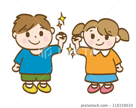 Full-body illustration of a motivated boy and girl posing in a fist pump (for elementary school students and toddlers) 118150010