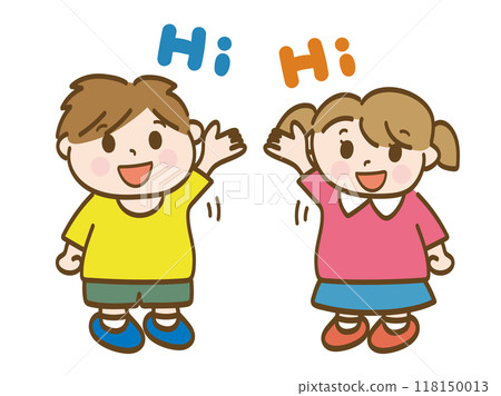 Full-body illustration of a boy and girl raising their hands enthusiastically to reply (elementary school students, toddlers) 118150013