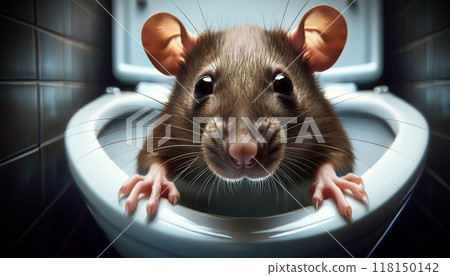 Extreme Close-up of a Rat Coming Out of the Toilet Bowl - Generative Ai 118150142