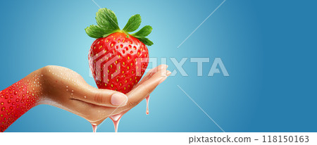Female Hand with a Large Red Strawberry on a Blue Background - Generative Ai 118150163