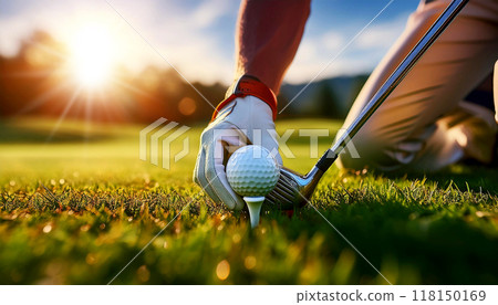 Gloved Hand of Golf Player Putting a Golf Ball on Tee in Golf Course - Generative Ai Gloved Hand of Golf Player Putting a Golf Ball on Tee in Golf Course - Generative Ai 118150169