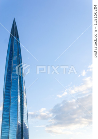 the top of the Lakhta Center skyscraper against the evening sky the top of the Lakhta Center skyscraper against the evening sky 118150204
