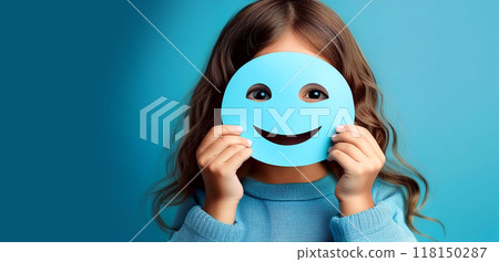 Hands of a Little Girl Holding a Smiley Face Made of Blue Paper - Generative Ai 118150287