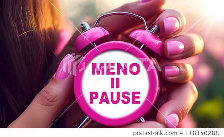 Hands of Woman Holding an Alarm Clock with Pause Symbol and Text Menopause - Generative Ai 118150288