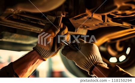 Gloved Hands of Auto Mechanic Repairing Chassis of a Vehicle - Generative Ai Gloved Hands of Auto Mechanic Repairing Chassis of a Vehicle - Generative Ai 118150294