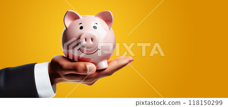 Hand of businessman Holding a Smiling Piggy Bank on a Yellow-Orange Background - Generative Ai 118150299