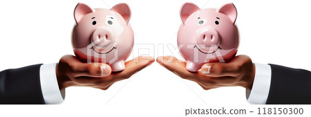 Hand of Businessman Holding a Smiling Piggy Bank on White Background - Generative Ai 118150300