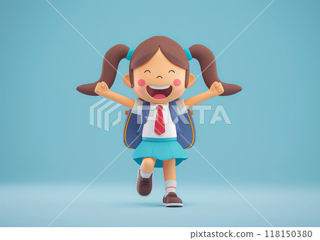 Joyful schoolgirl cartoon, 3D isometric render, celebrating Back to School, new school year excitement Joyful schoolgirl cartoon, 3D isometric render, celebrating Back to School, new school year excitement 118150380