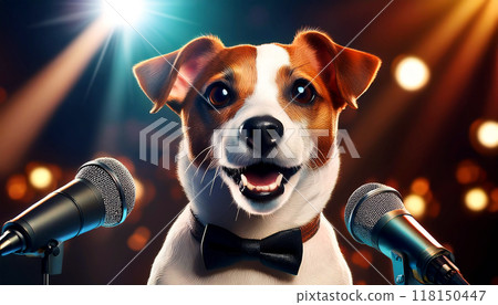 Jack Russell Terrier Dog with Professional Microphones Singing on Stage - Generative Ai 118150447