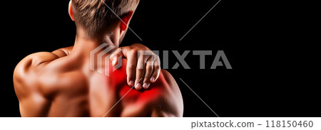 Man with a Pain in His Shoulder Which he Squeezes with His Hand - Generative Ai Man with a Pain in His Shoulder Which he Squeezes with His Hand - Generative Ai 118150460