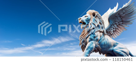 Marble Statue of the Winged Lion of Saint Mark Against a Blue Sky with Clouds - Generative Ai 118150461