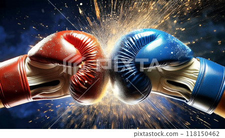 Moment of Impact Between the Red and Blue Boxing Gloves - Generative Ai Moment of Impact Between the Red and Blue Boxing Gloves - Generative Ai 118150462