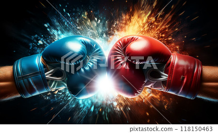 Moment of Impact Between the Red and Blue Boxing Gloves - Generative Ai 118150463