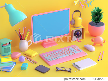 Remote learning, 3D isometric render, excited for Back to School, new school year celebration 118150550