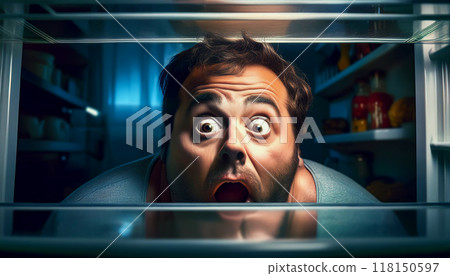Obese Shocked Man Looking in Empty Fridge at Home View From Inside - Generative Ai 118150597