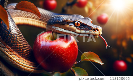 Original Sin and the Forbidden Fruit Concept - Snake and Apple - Generative Ai Original Sin and the Forbidden Fruit Concept - Snake and Apple - Generative Ai 118150665