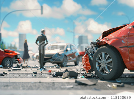 Insurance representatives filing a car accident claim, 3D animation render, high-resolution, professional environment 118150689