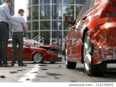 High-detail 3D animation render of insurance agents documenting a car accident claim, office background High-detail 3D animation render of insurance agents documenting a car accident claim, office background 118150695