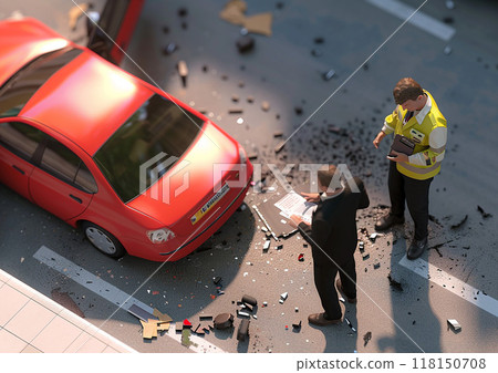 High-resolution 3D render of insurance officials documenting a car accident claim, detailed animation 118150708