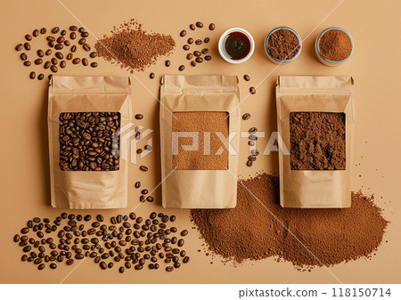 Design the perfect packaging for your coffee products using a blank template tailored for whole beans and ground coffee. 118150714