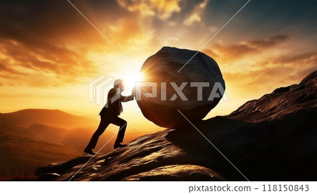 Silhouette of Businessman Pushing Huge Stone Boulder Up on Hill - Generative Ai 118150843