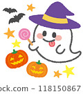 Cute Halloween illustration: ghost and jack-o-lantern giving candy 118150867