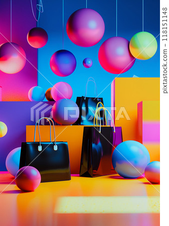 3D rendered Black Friday sales campaign, vibrant and energetic with promotional displays 118151148