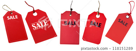 Set of isolated red price tags with black and white text "SALE" on a transparent background for Black Friday or sale events. AI generated. 118151289