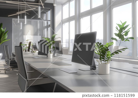 Contemporary office interior, 3D animation, flat design, clean and minimal 118151599