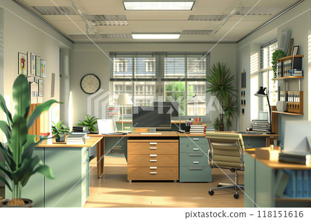 Professional office environment, 3D animated, for online marketing sessions, well-lit and organized 118151616