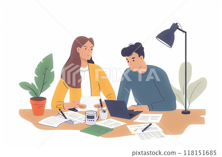 Managing family budget, couple calculating finances, flat vector illustration 118151685