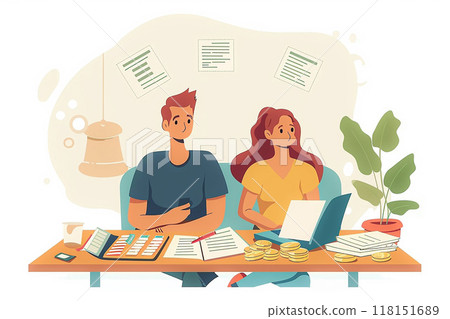 Financial management for couples, planning budget and expenses, flat vector illustration Financial management for couples, planning budget and expenses, flat vector illustration 118151689